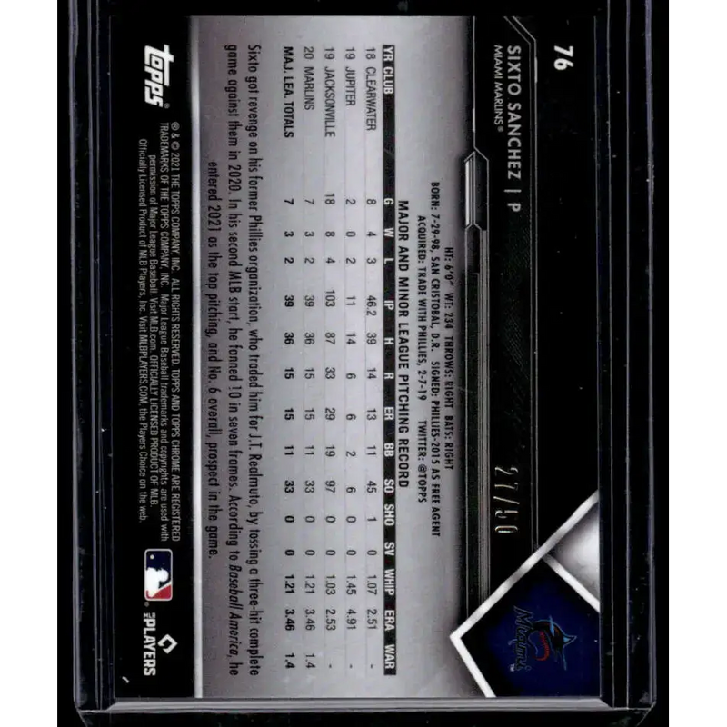2021 Topps Chrome Black #76 27/50 Sixto Sanchez NM/MT Miami Marlins Baseball Card - Baseball Card Single