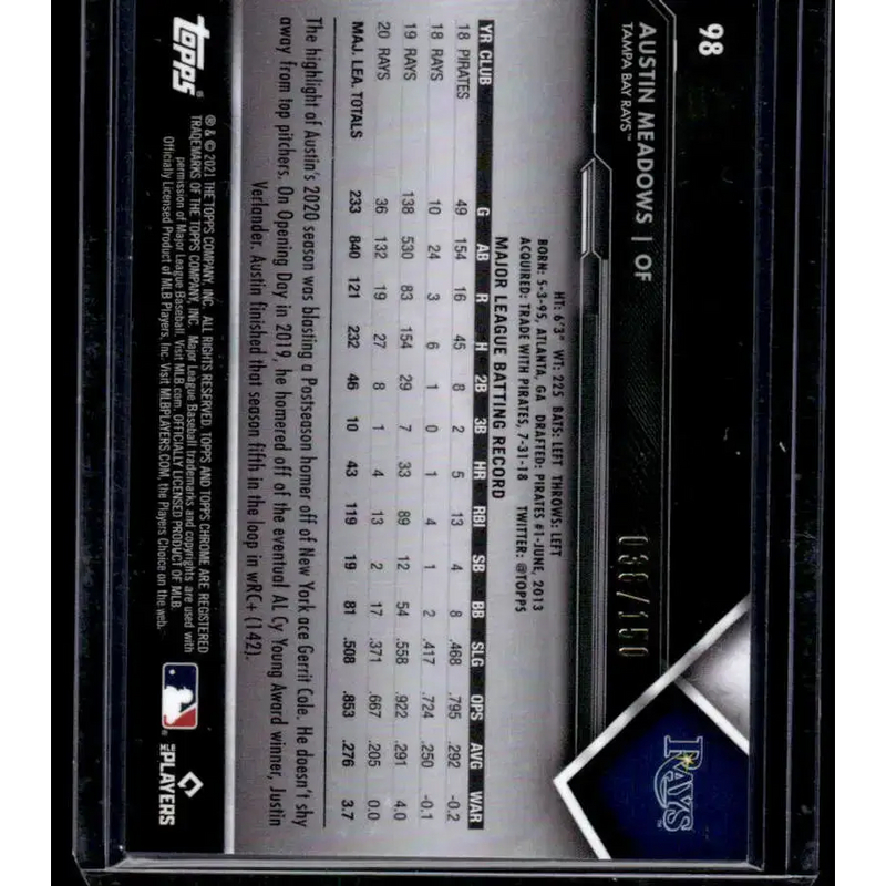 2021 Topps Chrome Black #98 38/150 Austin Meadows NM/MT Tampa Bay Rays Baseball Card - Baseball Card Single