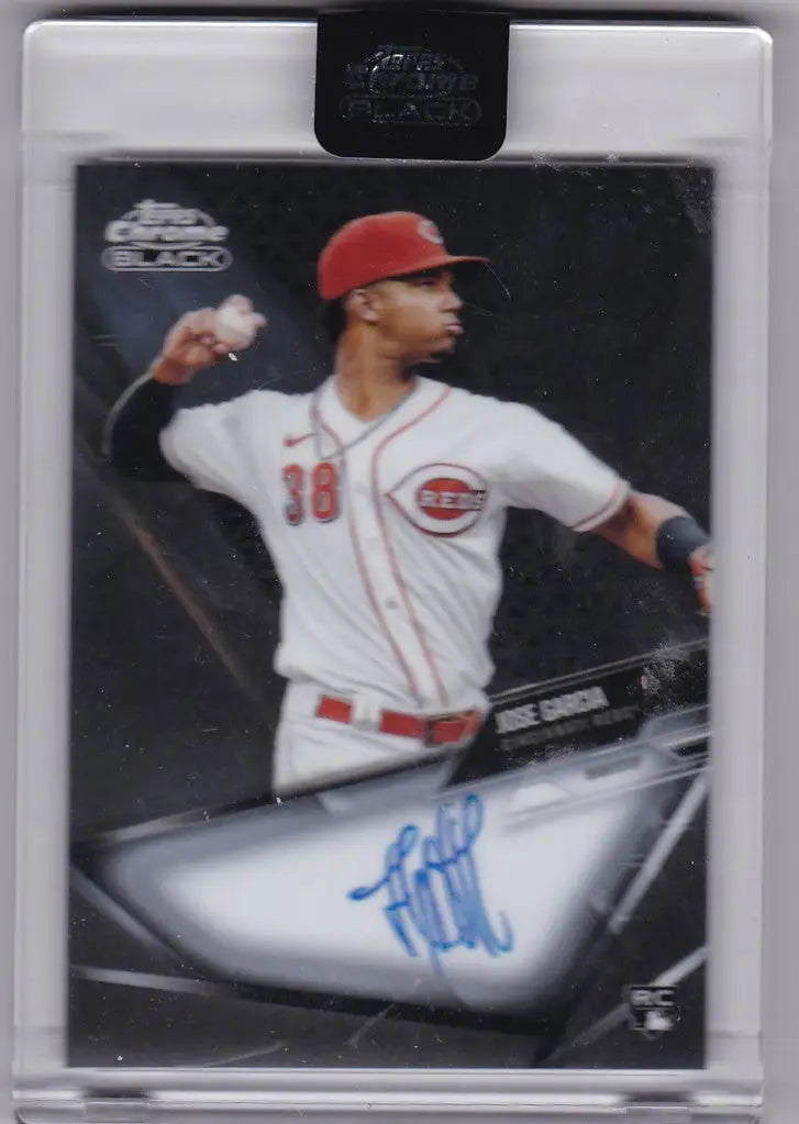 Baseball trading card of Jose Garcia RC Auto Cincinnati Reds in Topps Chrome Black