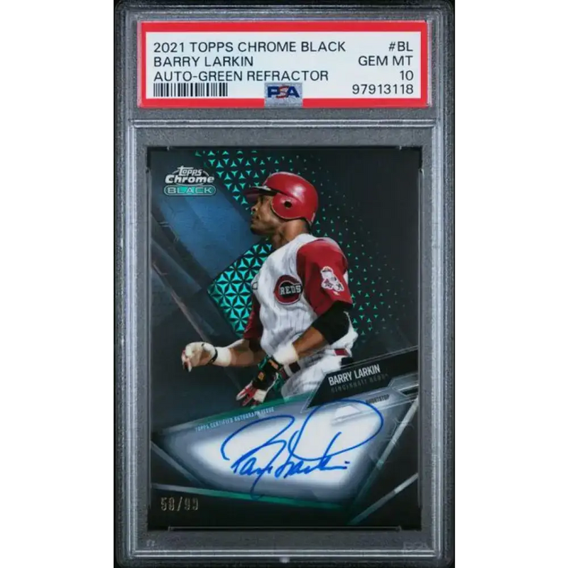 2021 Topps Chrome Black Refractor Green #CBA-BL Barry Larkin PSA 10 GEM MINT Auto 58/99 Cincinnati Reds Baseball Card