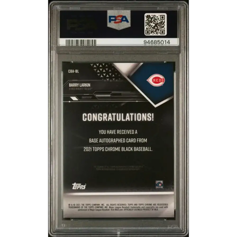 2021 Topps Chrome Black Refractor Green #CBA-BL Barry Larkin PSA 9 MINT Auto 91/99 Cincinnati Reds Baseball Card