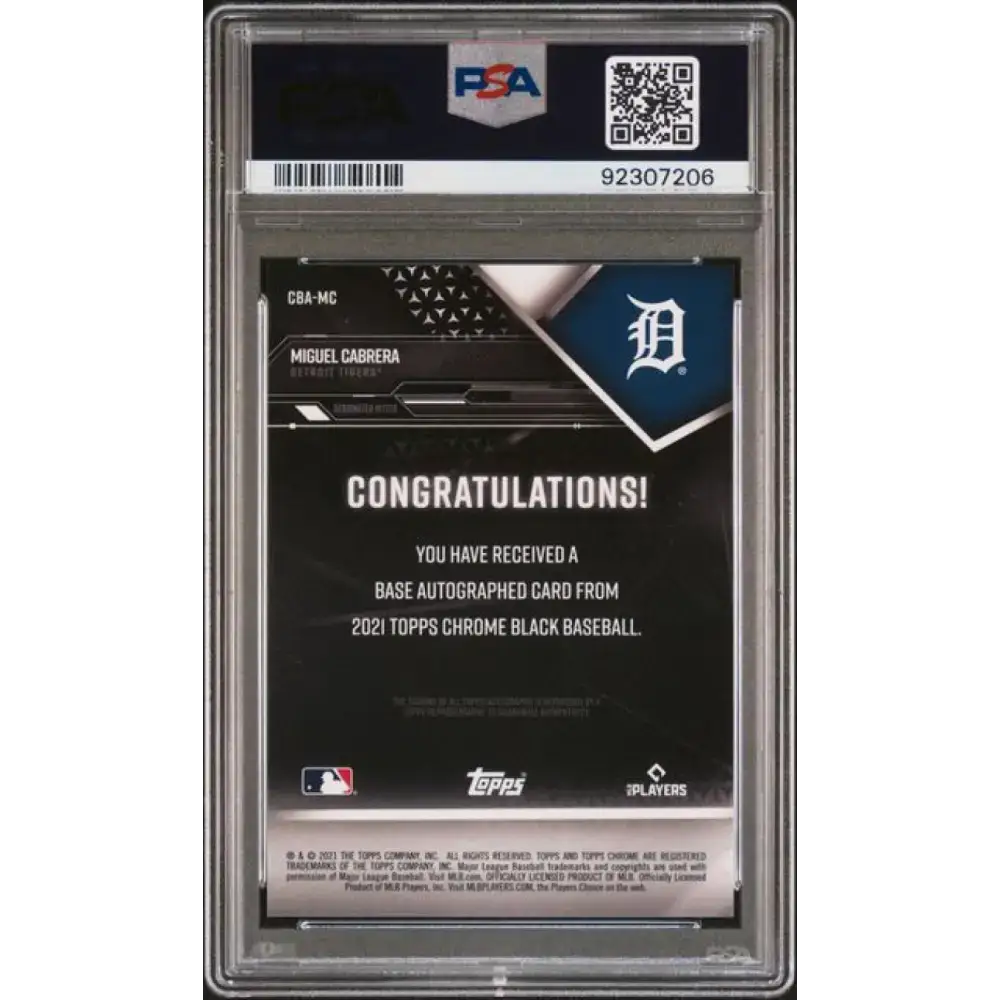 2021 Topps Chrome Black Refractor Green #CBA-MC Miguel Cabrera PSA 10 GEM MINT Auto 41/99 Detroit Tigers Baseball Card