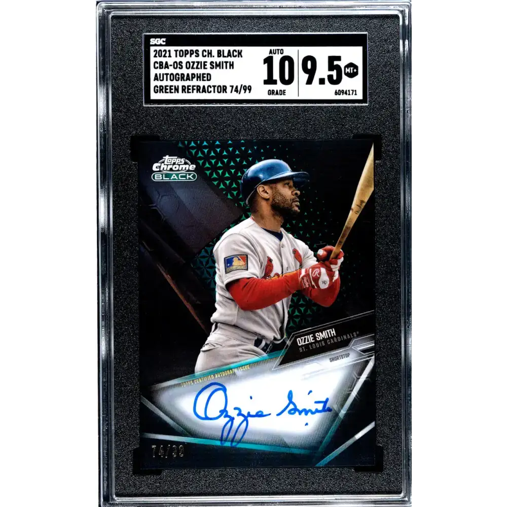 2021 Topps Chrome Black Refractor Green #CBA-OS Ozzie Smith SGC 9.5 MINT+ Auto 74/99 St. Louis Cardinals Baseball Card