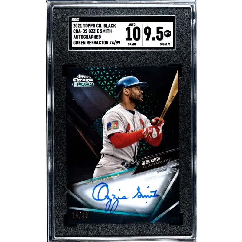 2021 Topps Chrome Black Refractor Green #CBA-OS Ozzie Smith SGC 9.5 MINT+ Auto 74/99 St. Louis Cardinals Baseball Card