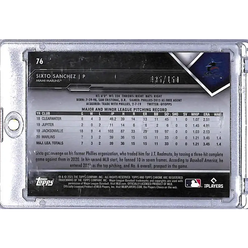 2021 Topps Chrome Black Refractor Purple #76 Sixto Sanchez NM-MT RC Rookie 035/150 - Baseball Card Single