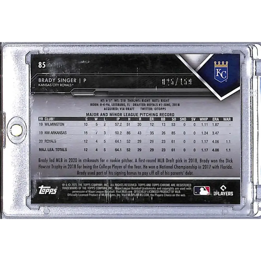 2021 Topps Chrome Black Refractor Purple #85 Brady Singer NM-MT RC Rookie 025/150 Kansas City Royals - Baseball Card