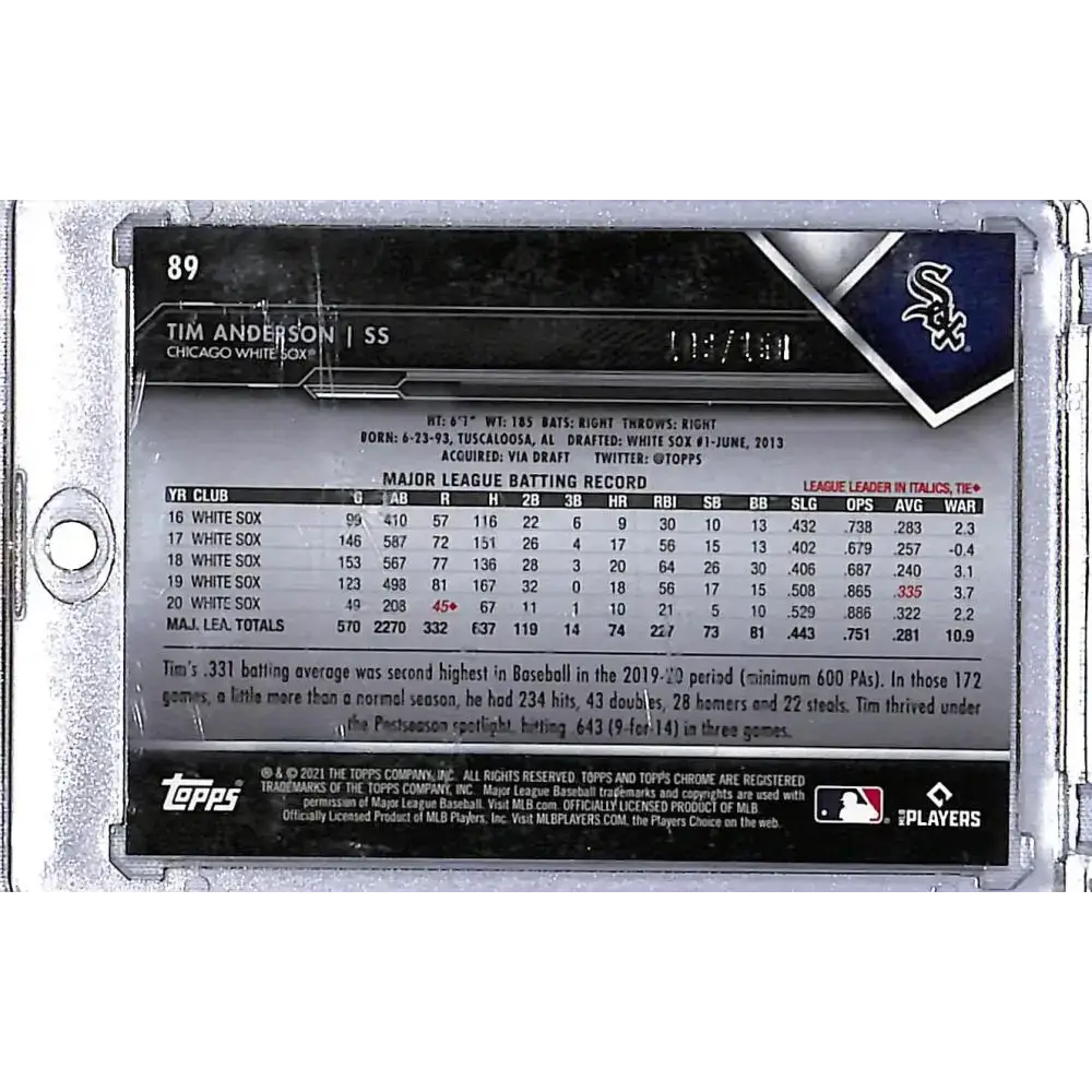 2021 Topps Chrome Black Refractor Purple #89 Tim Anderson NM-MT 106/150 Chicago White Sox - Baseball Card Single