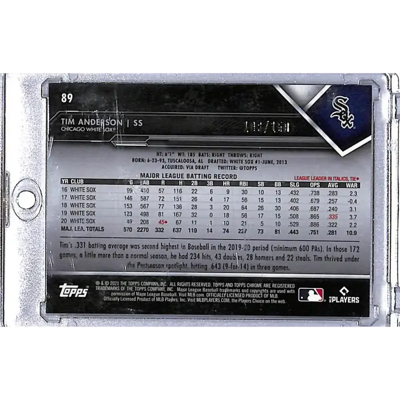 2021 Topps Chrome Black Refractor Purple #89 Tim Anderson NM-MT 106/150 Chicago White Sox - Baseball Card Single