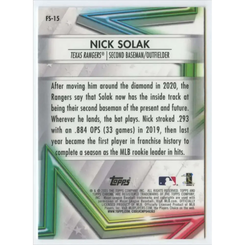 2021 Topps Chrome Future Stars Refractor #FS-15 Nick Solak NM-MT Texas Rangers Baseball Card - Baseball Card Single