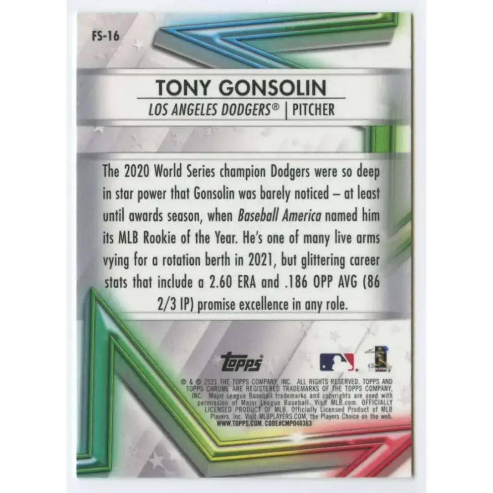 2021 Topps Chrome Future Stars Refractor #FS-16 Tony Gonsolin NM-MT Los Angeles Dodgers Baseball Card - Baseball Card