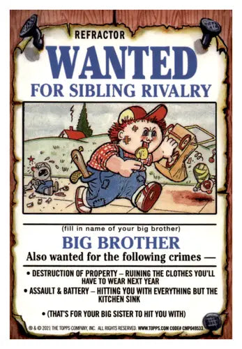 Wanted poster for sibling rivalry on 2021 Topps Chrome Garbage Pail Kids refractor