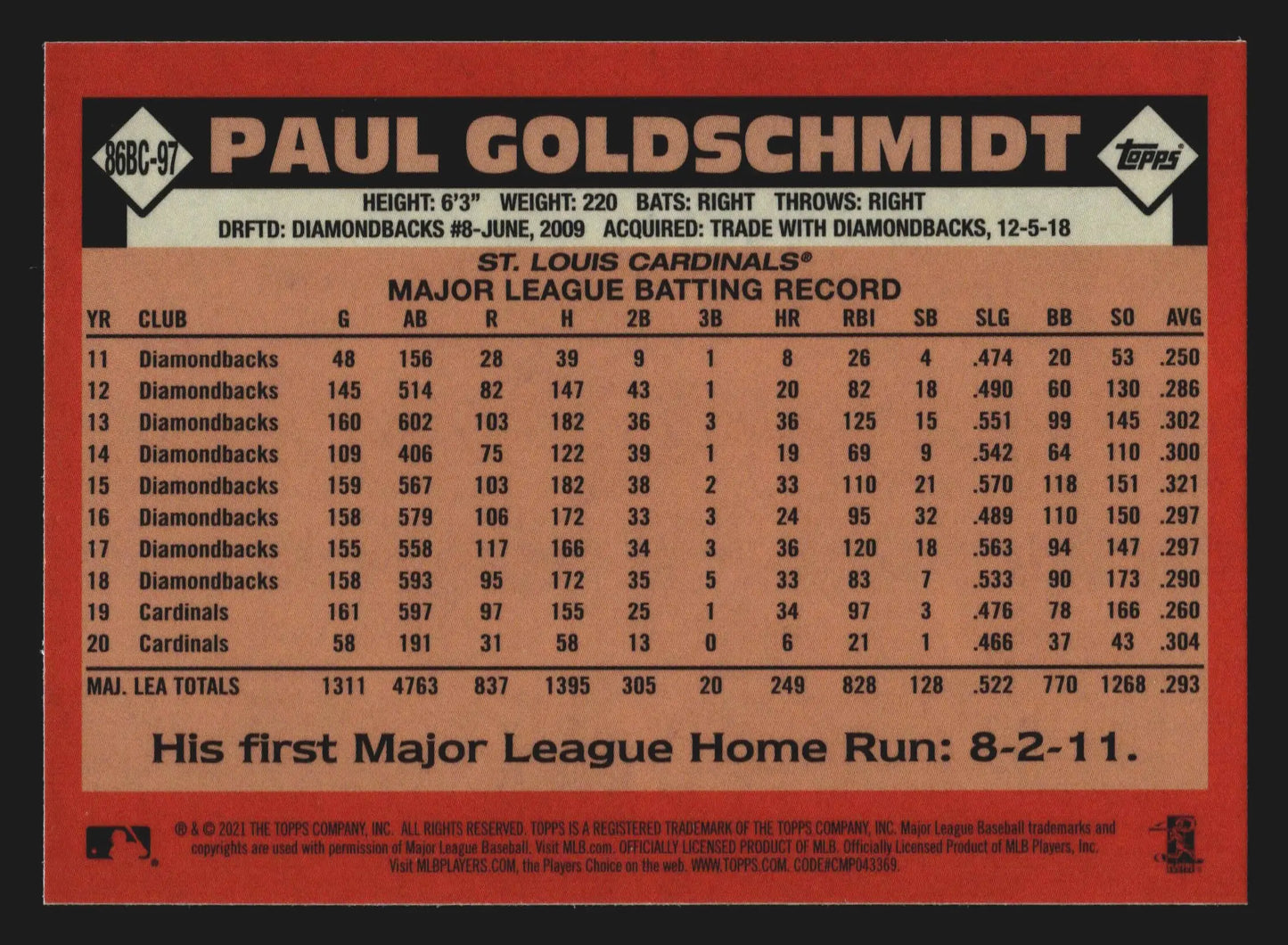 2021 Topps Chrome Goldschmidt #86BC-97 1986 Mojo Refractor Cardinals - Baseball Card Single
