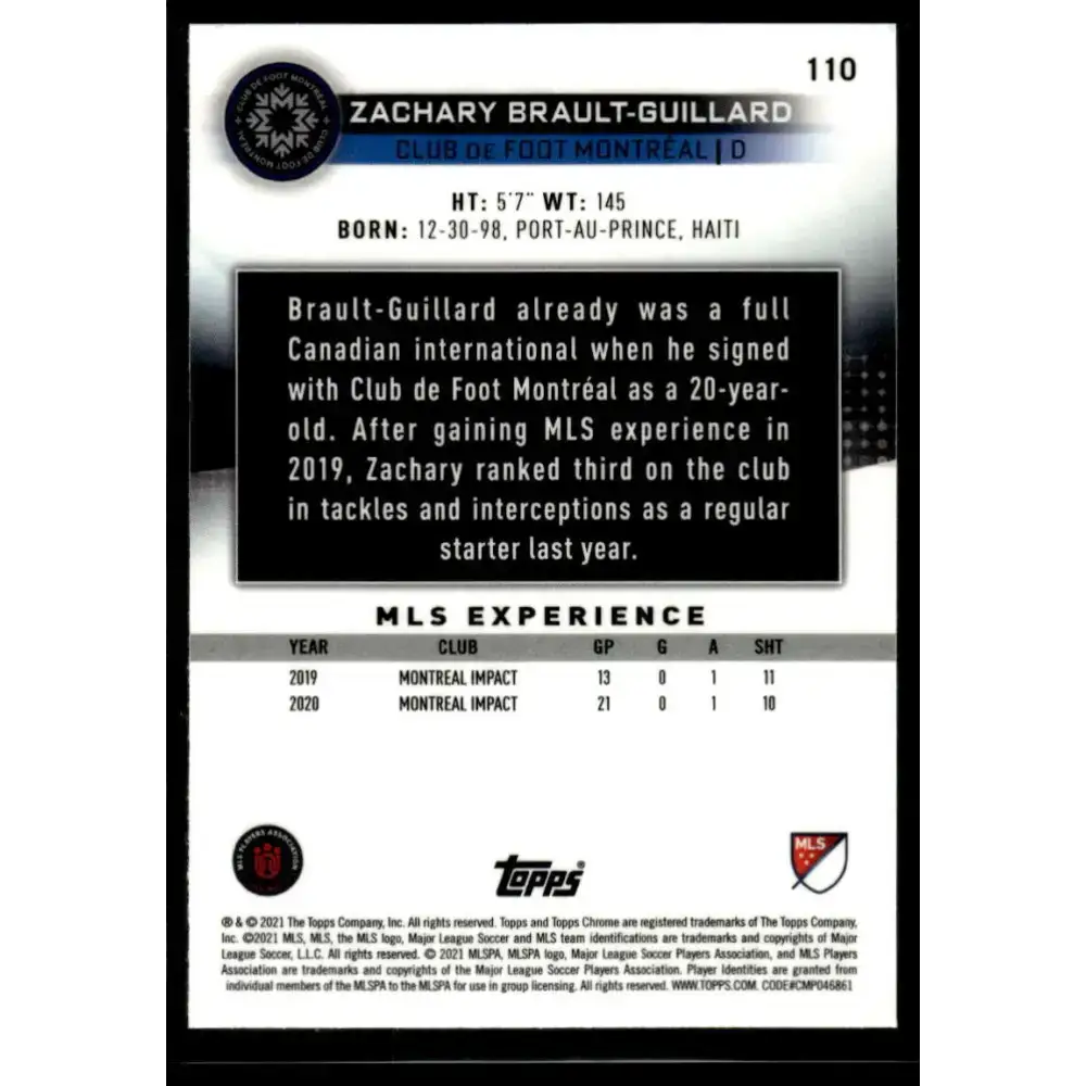 2021 Topps Chrome MLS #110 Zachary Brault-Guillard NM-MT Club de Foot Montreal Soccer Card - Soccer Card Single