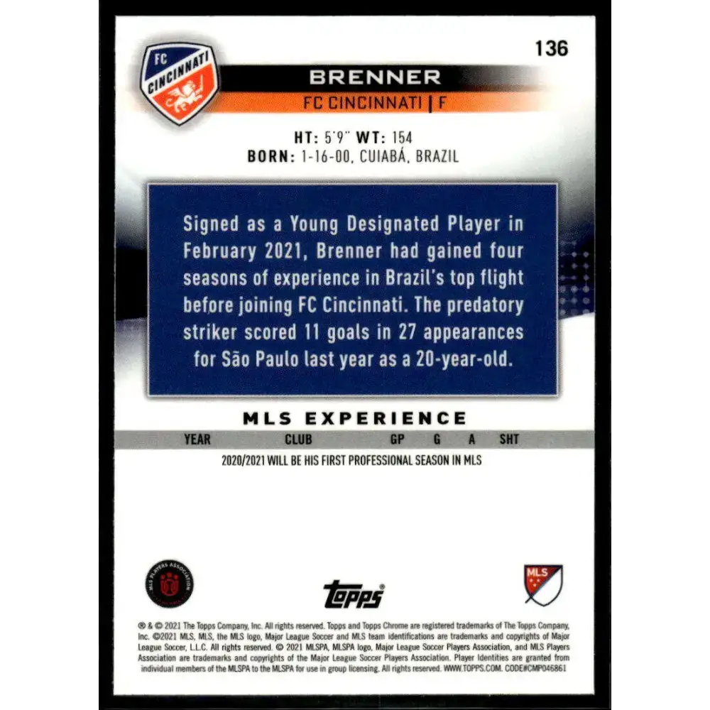 2021 Topps Chrome MLS #136 Brenner NM-MT FC Cincinnati RC Soccer Card - Soccer Card Single