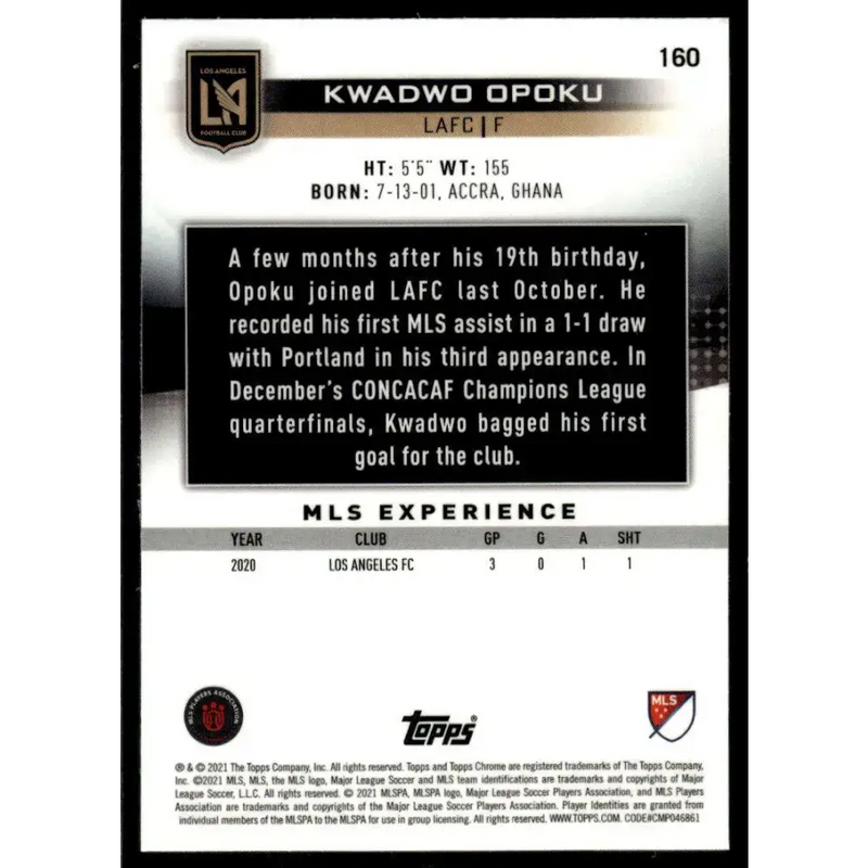2021 Topps Chrome MLS #160 Kwadwo Opoku NM-MT LAFC RC Soccer Card - Soccer Card Single