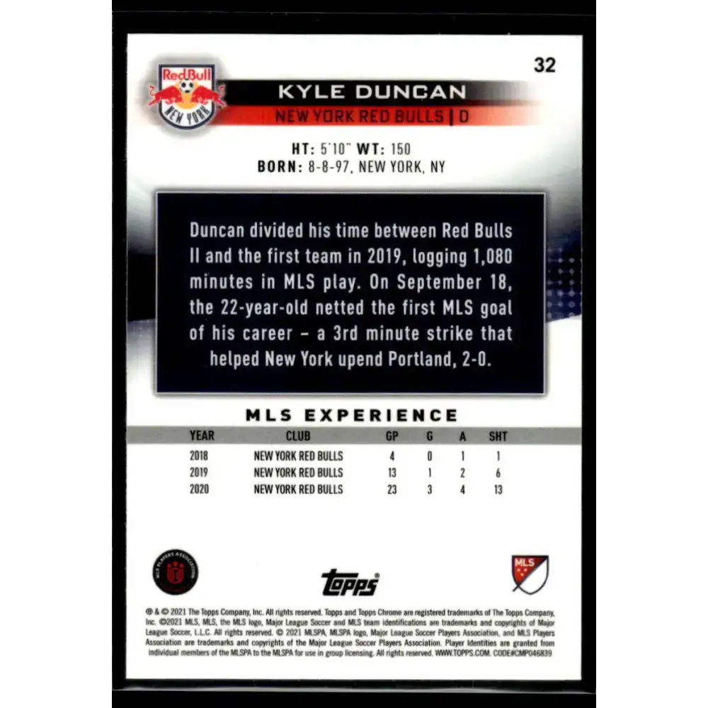 2021 Topps Chrome MLS #32 Kyle Duncan NM-MT New York Red Bulls Soccer Card - Soccer Card Single