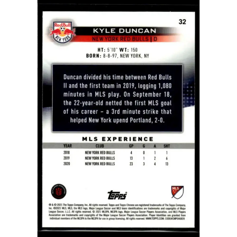 2021 Topps Chrome MLS #32 Kyle Duncan NM-MT New York Red Bulls Soccer Card - Soccer Card Single
