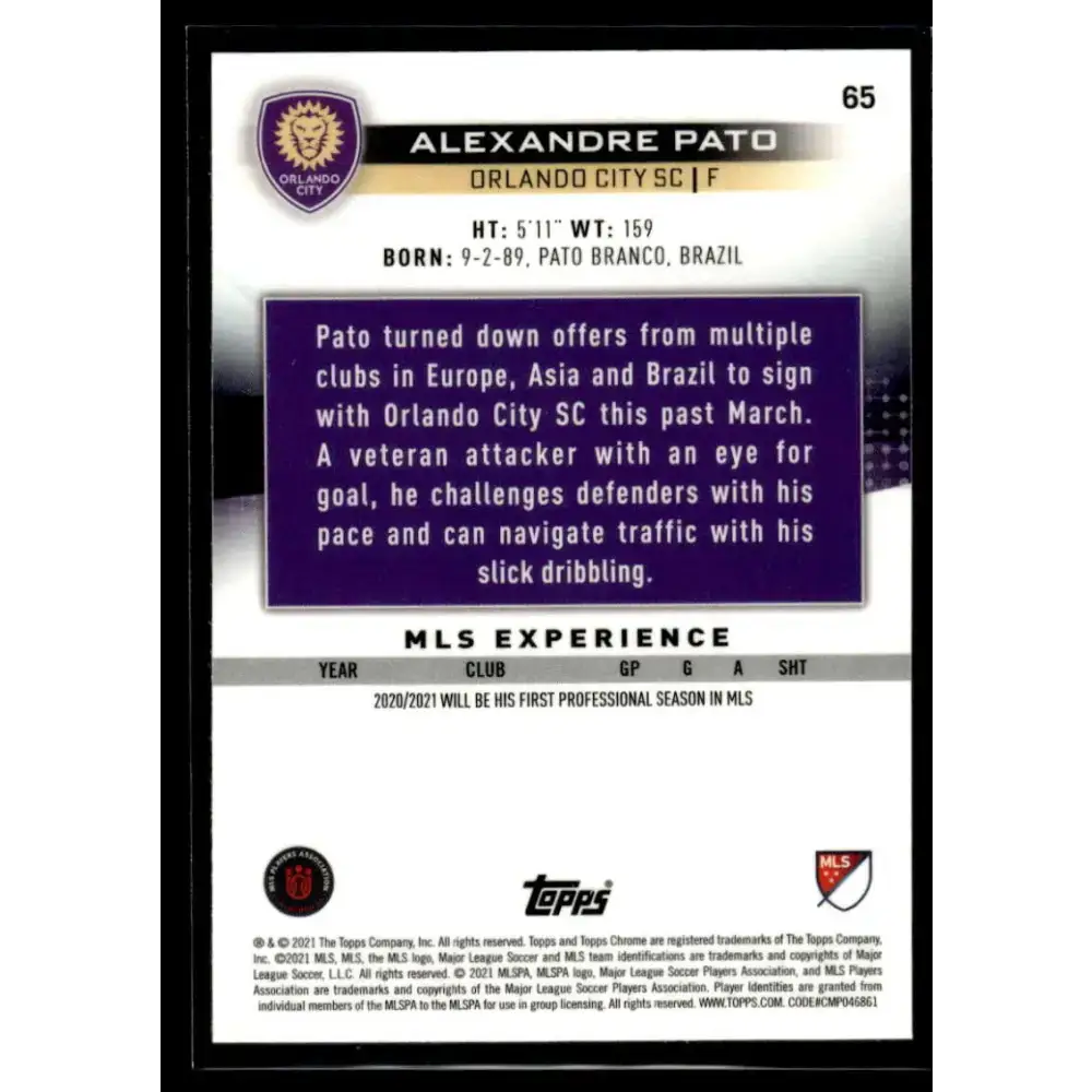 2021 Topps Chrome MLS #65 Alexandre Pato NM-MT Orlando City SC Soccer Card - Soccer Card Single