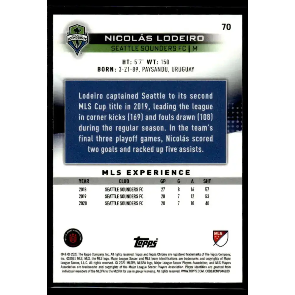 2021 Topps Chrome MLS #70 Nicolas Lodeiro NM-MT Seattle Sounders FC Soccer Card - Soccer Card Single