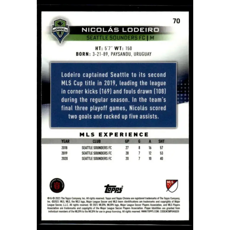 2021 Topps Chrome MLS #70 Nicolas Lodeiro NM-MT Seattle Sounders FC Soccer Card - Soccer Card Single