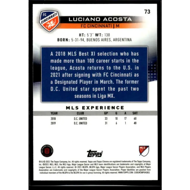 2021 Topps Chrome MLS #73 Luciano Acosta NM-MT FC Cincinnati Soccer Card - Soccer Card Single