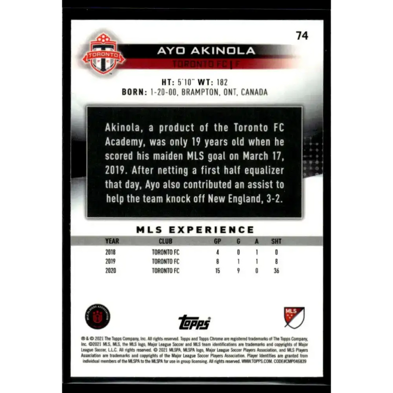 2021 Topps Chrome MLS #74 Ayo Akinola NM-MT Toronto FC RC Soccer Card - Soccer Card Single