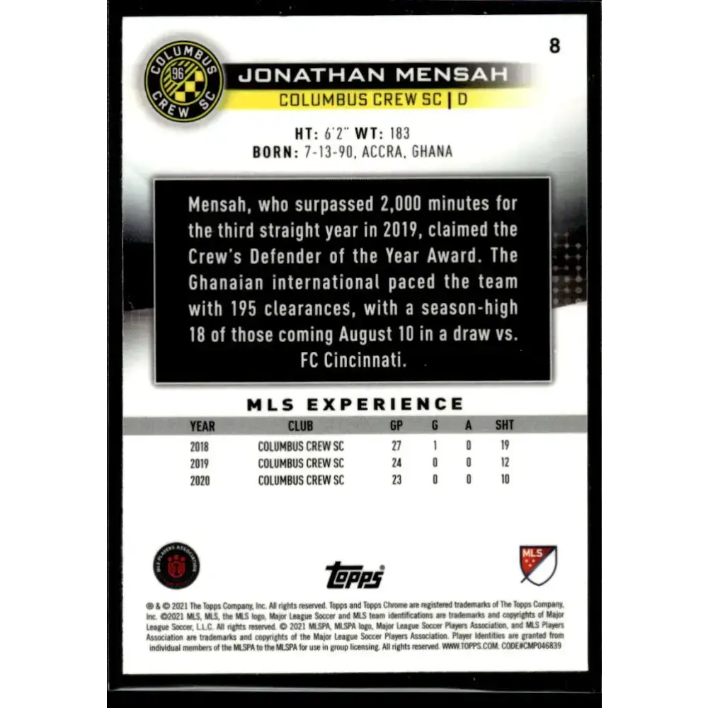 2021 Topps Chrome MLS #8 Jonathan Mensah NM-MT Columbus Crew SC Soccer Card - Soccer Card Single