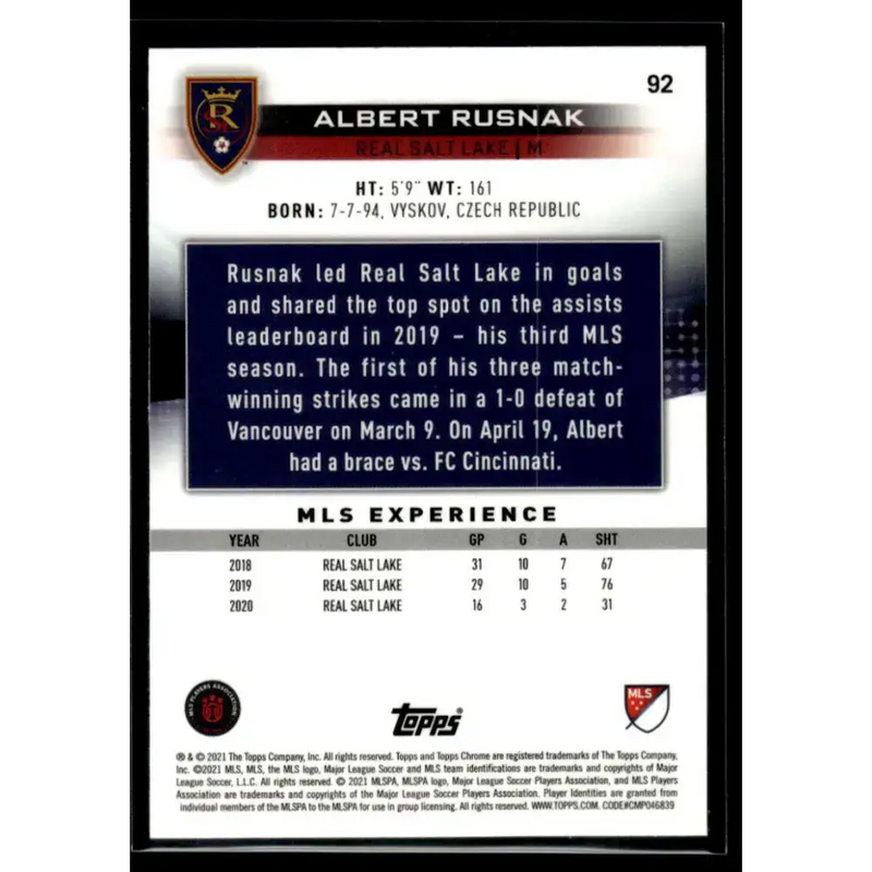 2021 Topps Chrome MLS #92 Albert Rusnak NM-MT Real Salt Lake Soccer Card - Soccer Card Single