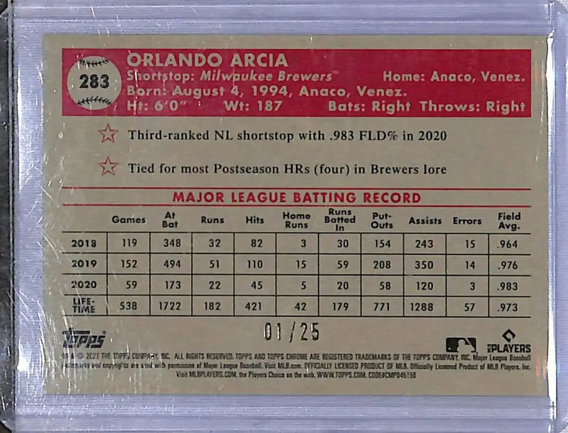 2021 Topps Chrome Orange/Yellow #283 Orlando Arcia NM-MT 1/25 Milwaukee Brewers
