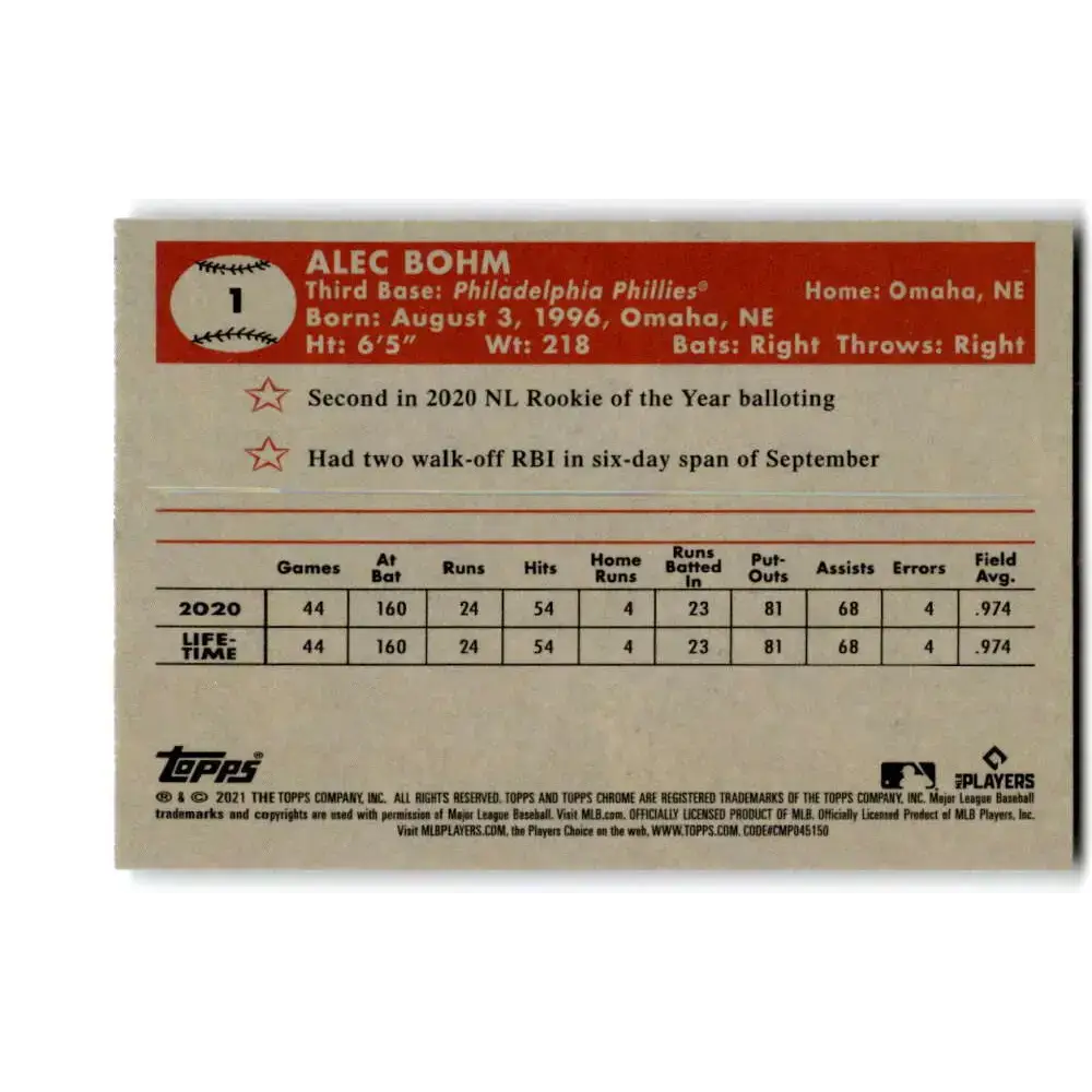 2021 Topps Chrome Platinum Anniversary #1 Alec Bohm NM-MT RC Rookie Philadelphia Phillies Baseball Card - Baseball Card