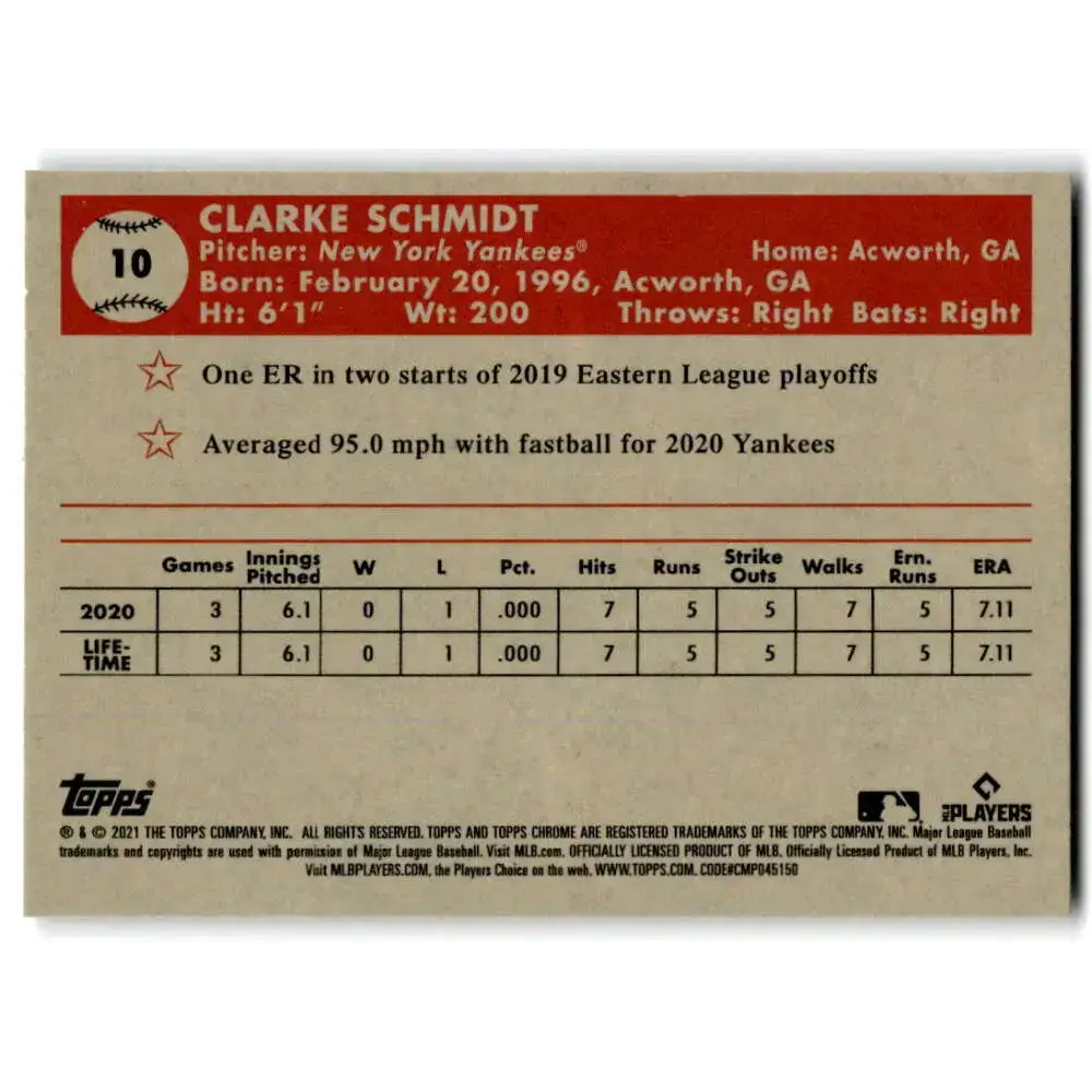 2021 Topps Chrome Platinum Anniversary #10 Clarke Schmidt NM-MT RC Rookie New York Yankees Baseball Card - Baseball