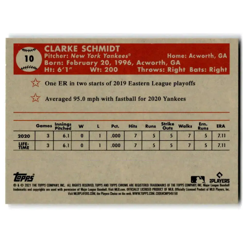 2021 Topps Chrome Platinum Anniversary #10 Clarke Schmidt NM-MT RC Rookie New York Yankees Baseball Card - Baseball