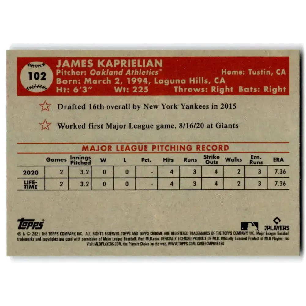 2021 Topps Chrome Platinum Anniversary #102 James Kaprielian NM-MT RC Rookie Oakland Athletics Baseball Card - Baseball