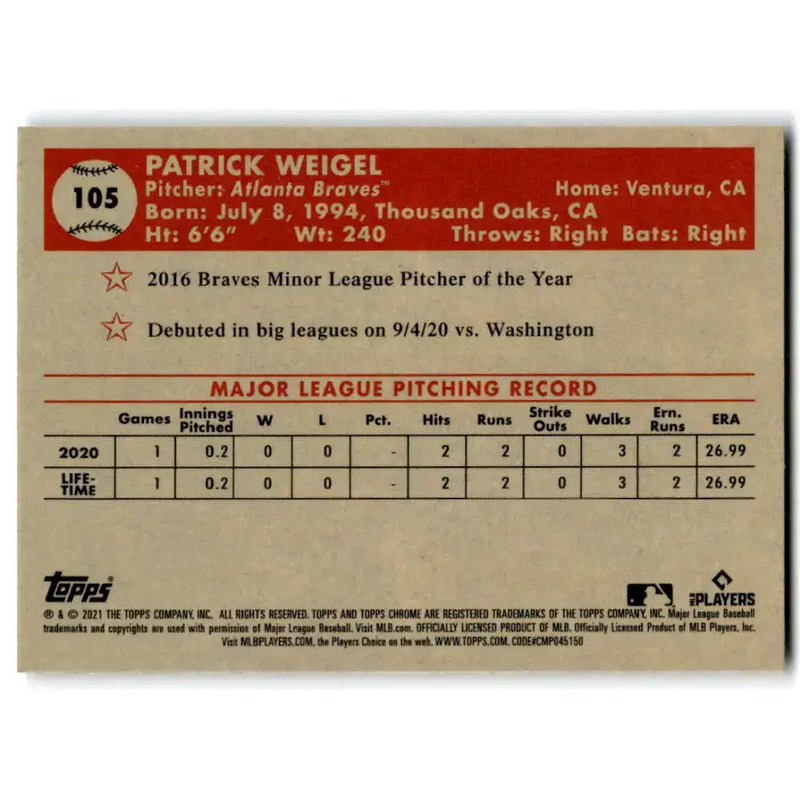 2021 Topps Chrome Platinum Anniversary #105 Patrick Weigel NM-MT RC Rookie Atlanta Braves Baseball Card - Baseball Card
