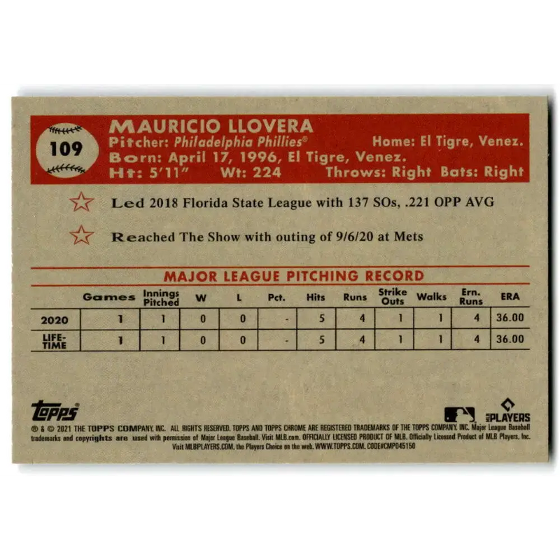 2021 Topps Chrome Platinum Anniversary #109 Mauricio Llovera NM-MT RC Rookie Philadelphia Phillies Baseball Card