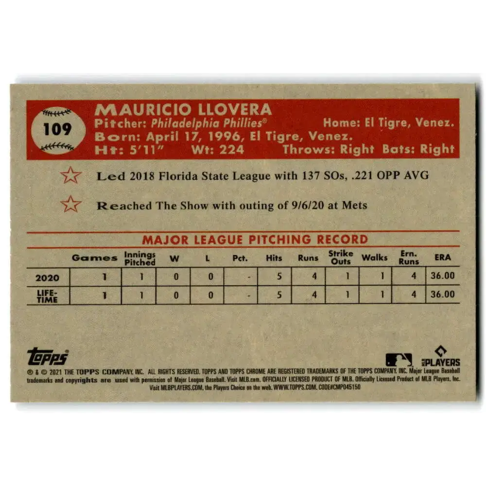 2021 Topps Chrome Platinum Anniversary #109 Mauricio Llovera NM-MT RC Rookie Philadelphia Phillies Baseball Card