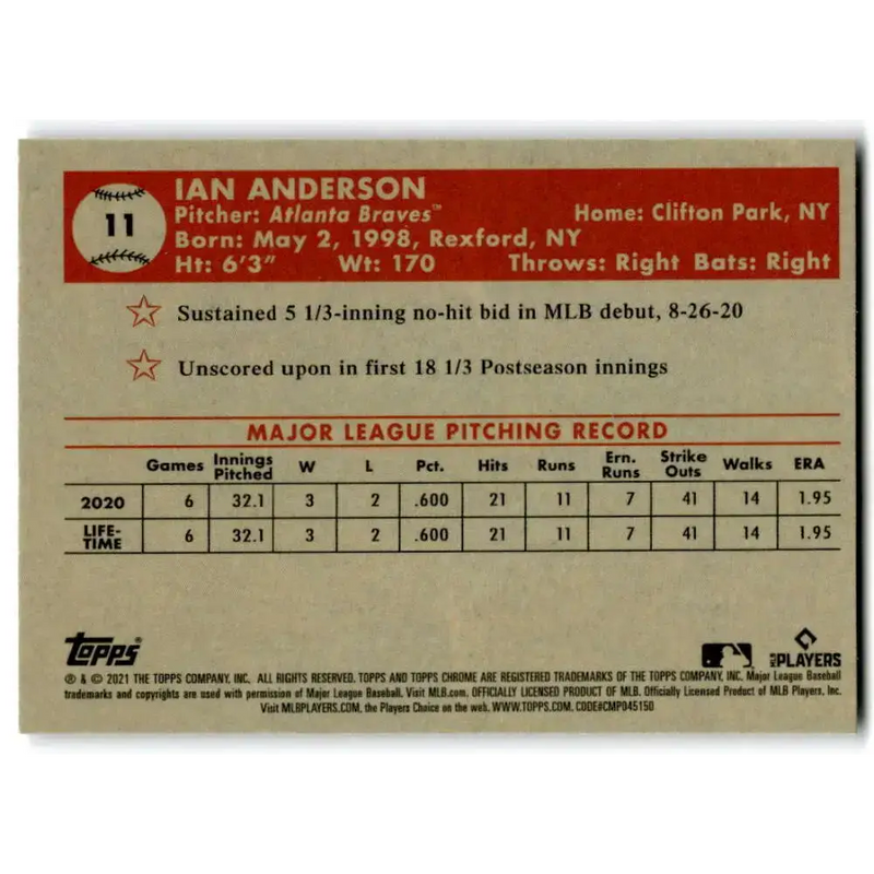 2021 Topps Chrome Platinum Anniversary #11 Ian Anderson NM-MT RC Rookie Atlanta Braves Baseball Card - Baseball Card