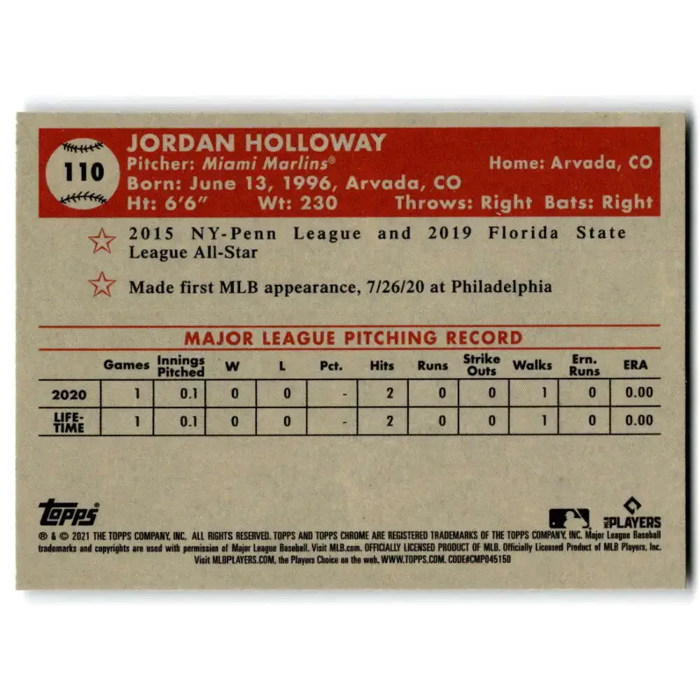 2021 Topps Chrome Platinum Anniversary #110 Jordan Holloway NM-MT RC Rookie Miami Marlins Baseball Card - Baseball Card