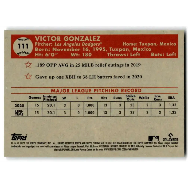 2021 Topps Chrome Platinum Anniversary #111 Victor Gonzalez NM-MT RC Rookie Los Angeles Dodgers Baseball Card