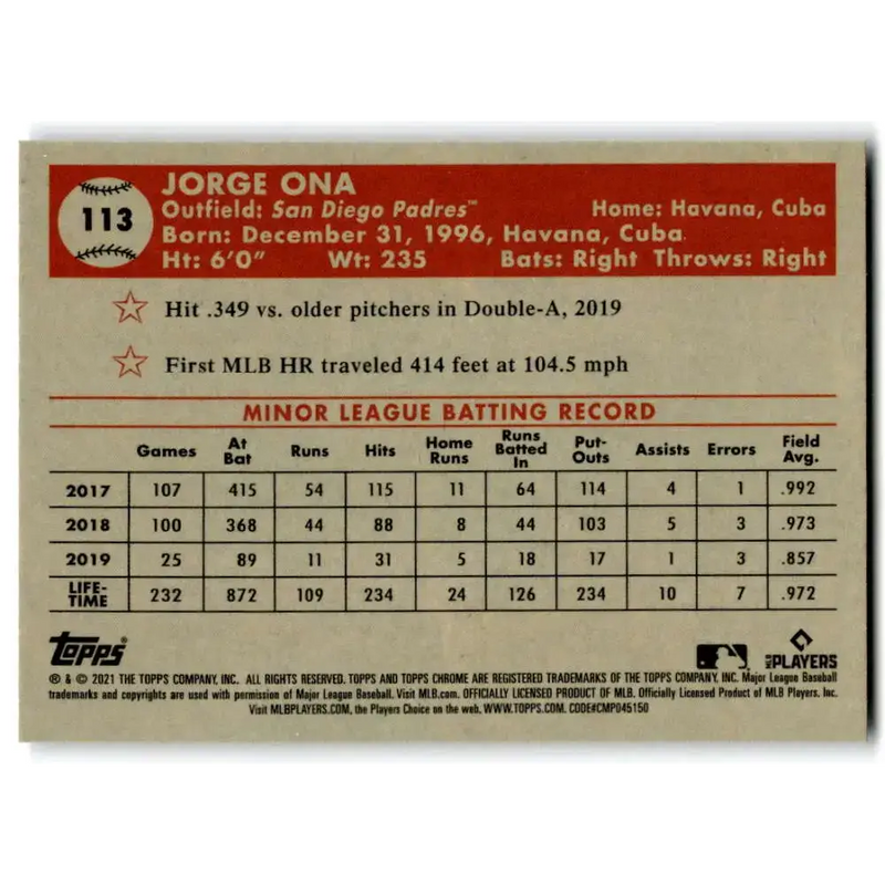 2021 Topps Chrome Platinum Anniversary #113 Jorge Ona NM-MT RC Rookie San Diego Padres Baseball Card - Baseball Card