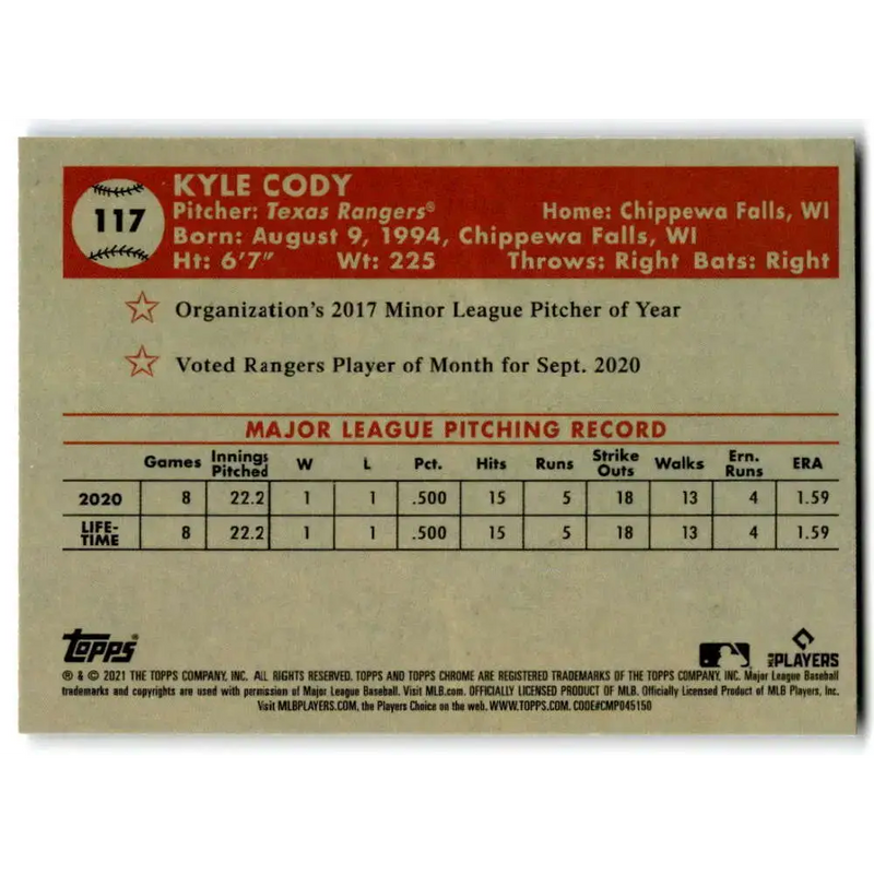 2021 Topps Chrome Platinum Anniversary #117 Kyle Cody NM-MT RC Rookie Texas Rangers Baseball Card - Baseball Card Single