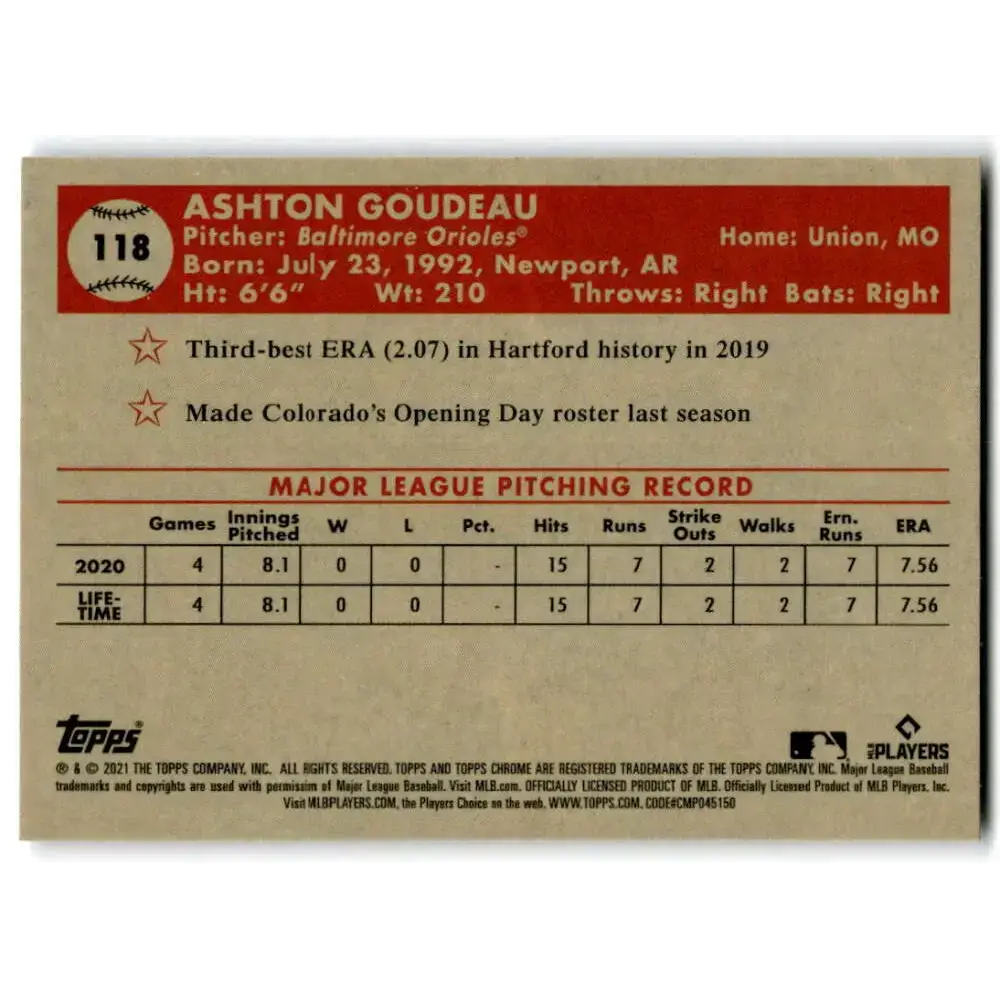 2021 Topps Chrome Platinum Anniversary #118 Ashton Goudeau NM-MT RC Rookie Baltimore Orioles Baseball Card - Baseball