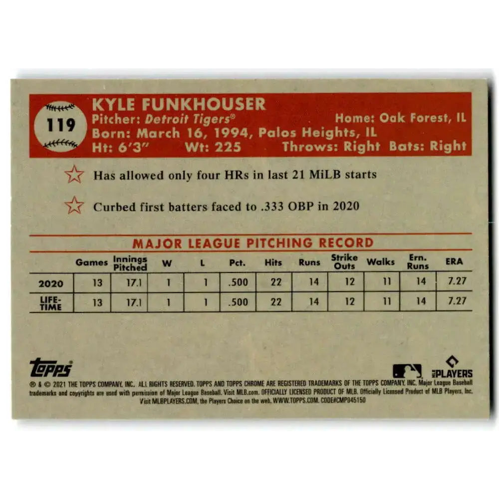 2021 Topps Chrome Platinum Anniversary #119 Kyle Funkhouser NM-MT RC Rookie Detroit Tigers Baseball Card - Baseball