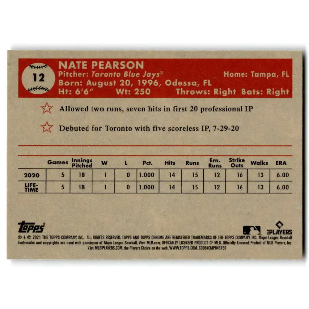 2021 Topps Chrome Platinum Anniversary #12 Nate Pearson NM-MT RC Rookie Toronto Blue Jays Baseball Card - Baseball Card