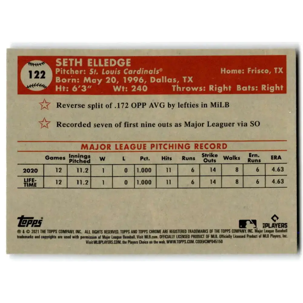 2021 Topps Chrome Platinum Anniversary #122 Seth Elledge NM-MT RC Rookie St. Louis Cardinals Baseball Card - Baseball