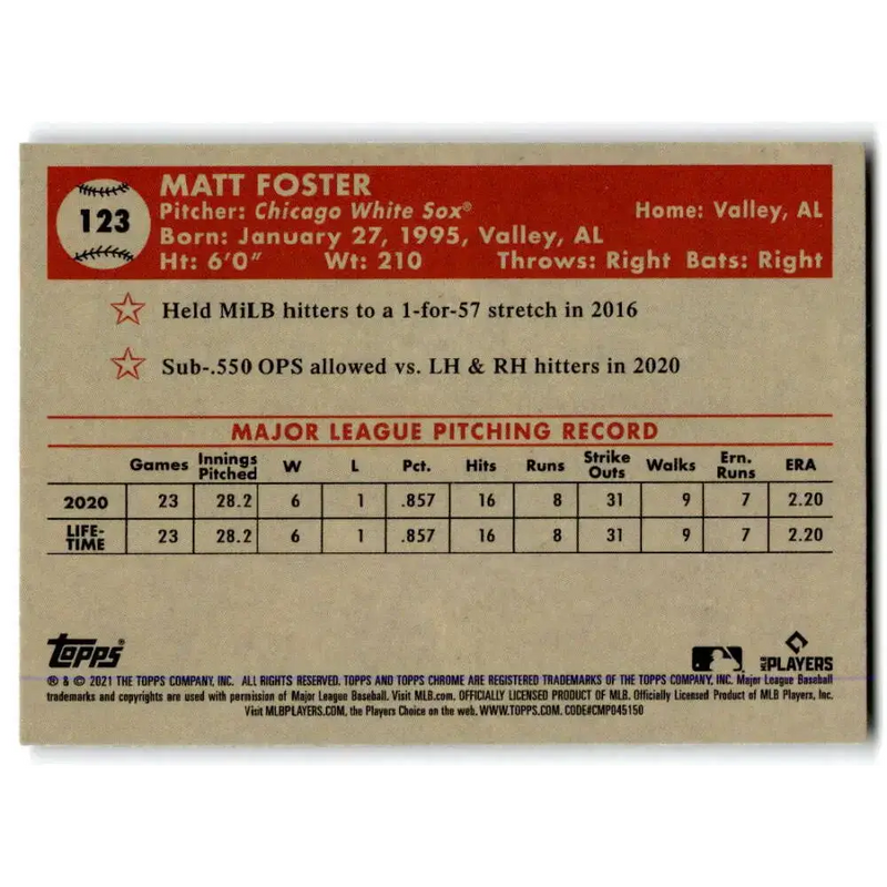 2021 Topps Chrome Platinum Anniversary #123 Matt Foster NM-MT RC Rookie Chicago White Sox Baseball Card - Baseball Card