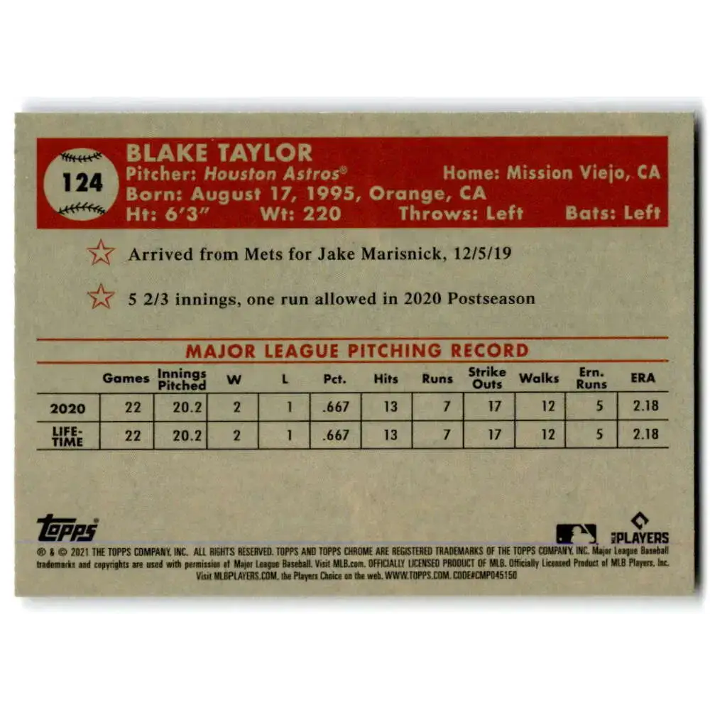 2021 Topps Chrome Platinum Anniversary #124 Blake Taylor NM-MT RC Rookie Houston Astros Baseball Card - Baseball Card