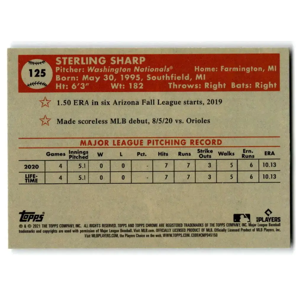 2021 Topps Chrome Platinum Anniversary #125 Sterling Sharp NM-MT RC Rookie Washington Nationals Baseball Card