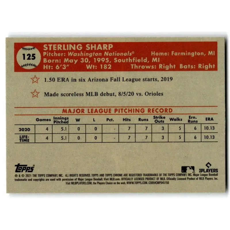 2021 Topps Chrome Platinum Anniversary #125 Sterling Sharp NM-MT RC Rookie Washington Nationals Baseball Card