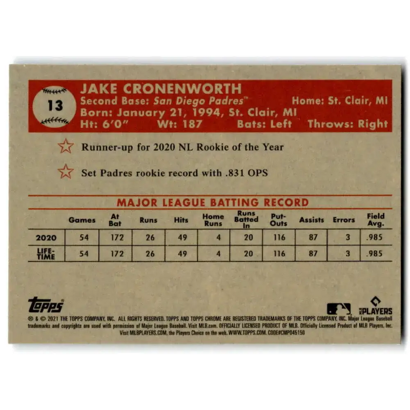 2021 Topps Chrome Platinum Anniversary #13 Jake Cronenworth NM-MT RC Rookie San Diego Padres Baseball Card - Baseball